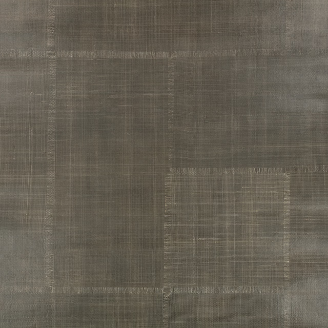 Muted pewter grey patchwork wallpaper with fine crosshatched, woven-look rectangular panels