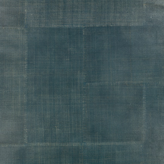 Muted deep teal wallpaper with layered patchwork rectangles and fine crosshatched texture