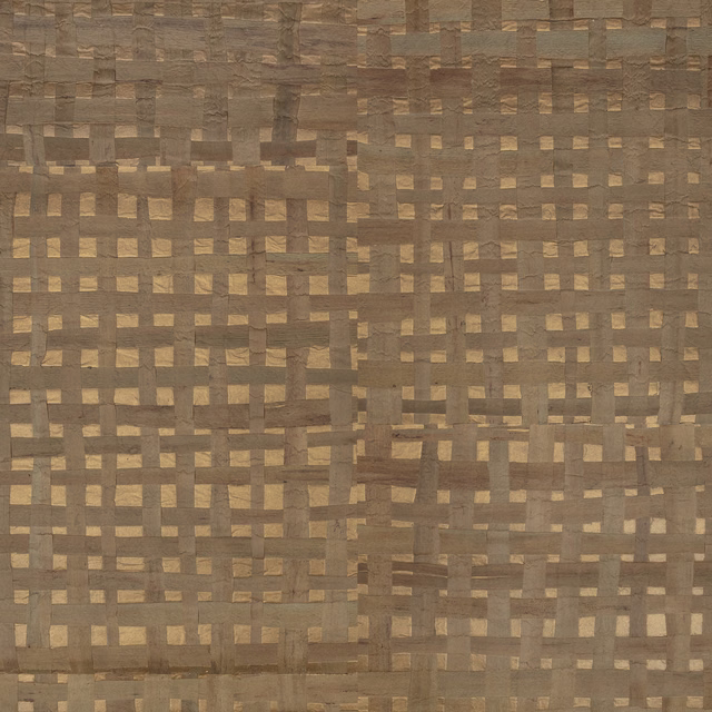 Muted bronze-brown wallpaper with an irregular grid of woven-look rectangular blocks
