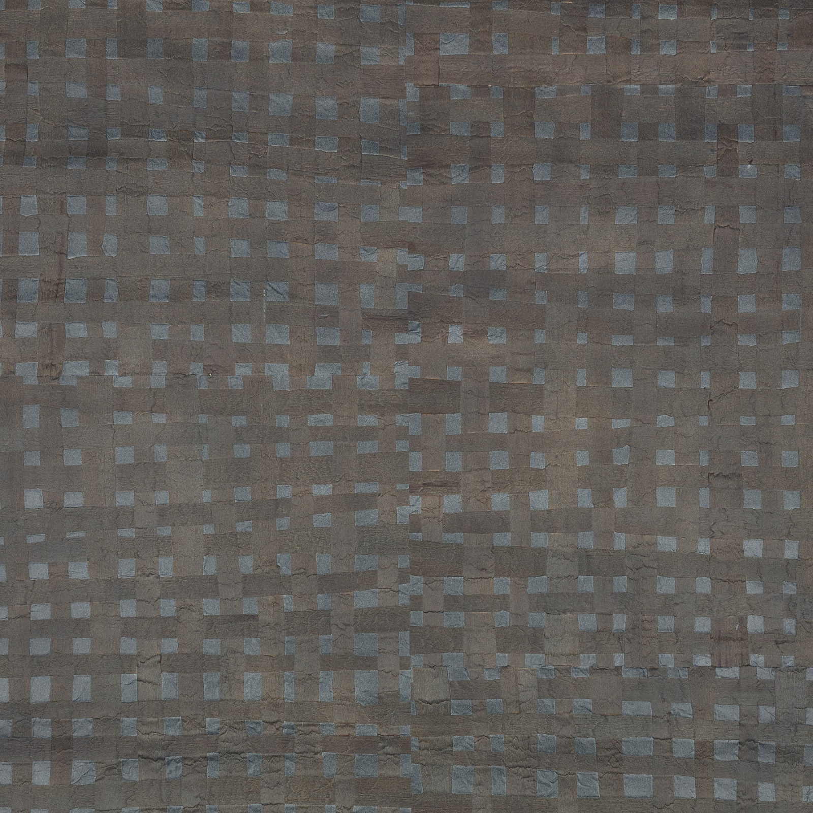 Smoky taupe wallpaper with scattered small indigo squares and subtle woven-look texture
