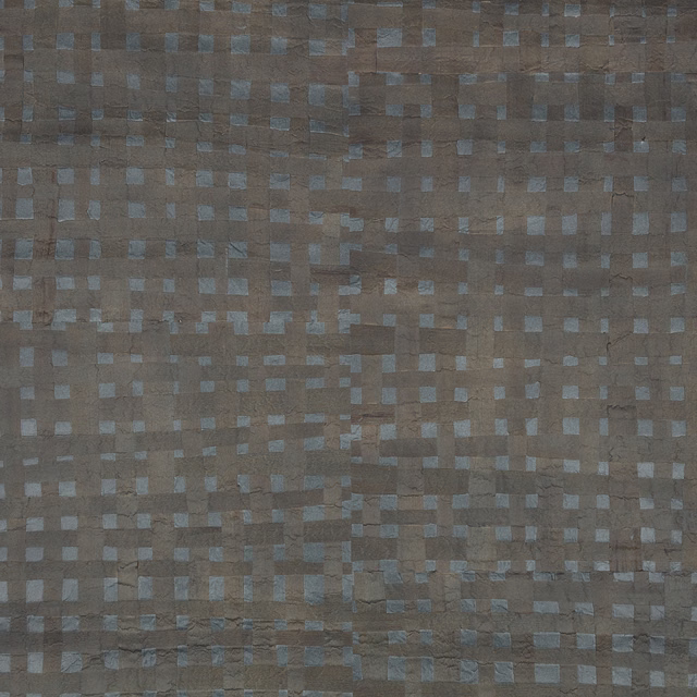 Smoky taupe wallpaper with scattered small indigo squares and subtle woven-look texture