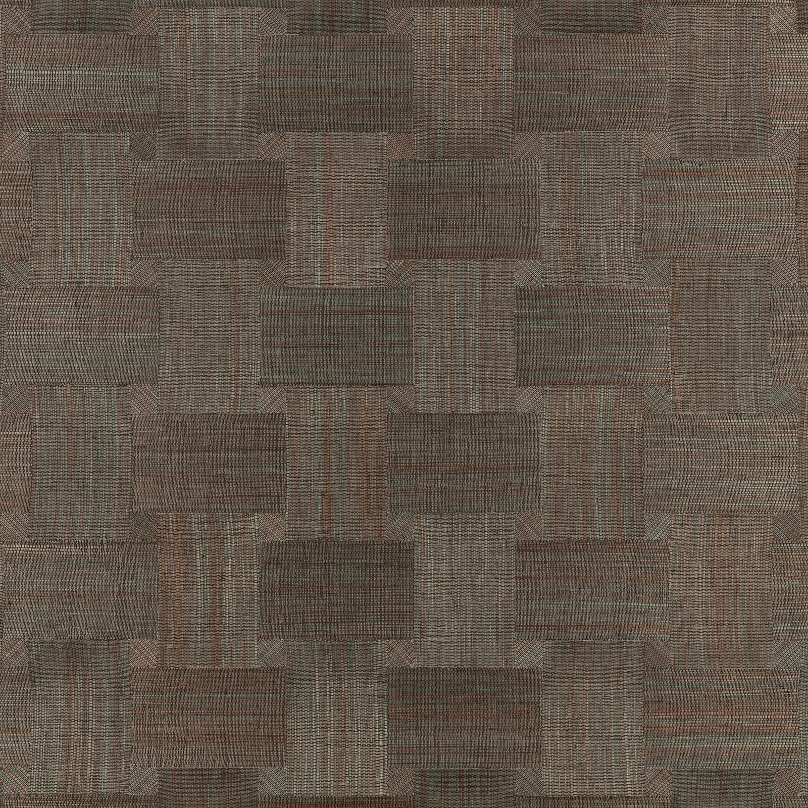 Muted pimento brown wallpaper with taupe and grey woven-look rectangular mosaic blocks