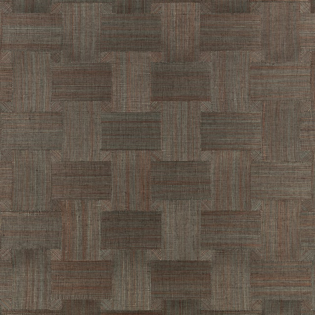 Muted pimento brown wallpaper with taupe and grey woven-look rectangular mosaic blocks