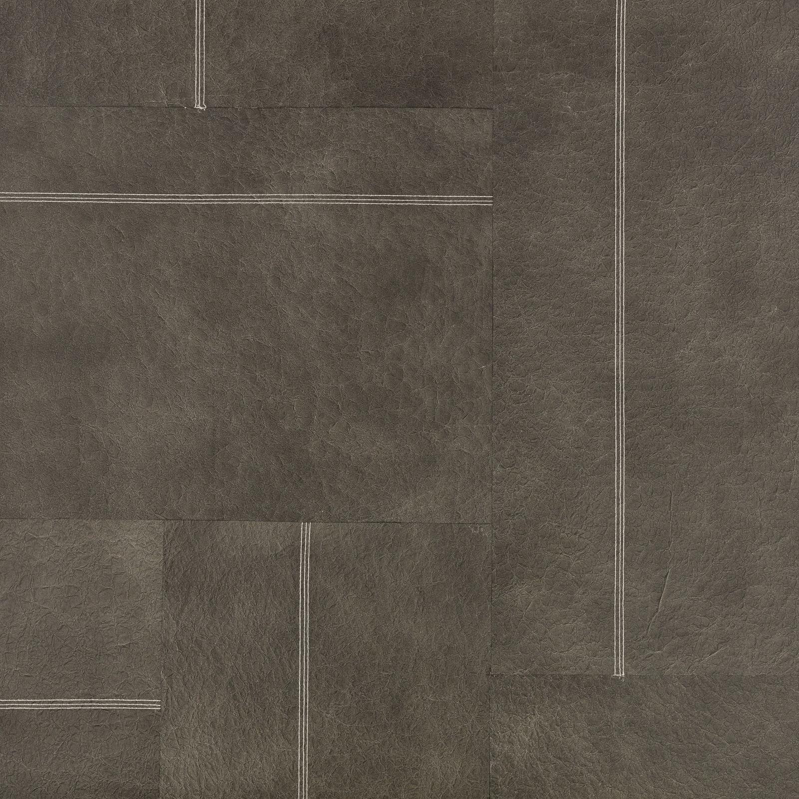 Deep taupe-brown wallcovering with pale outlined panels and cloudy tactile texture