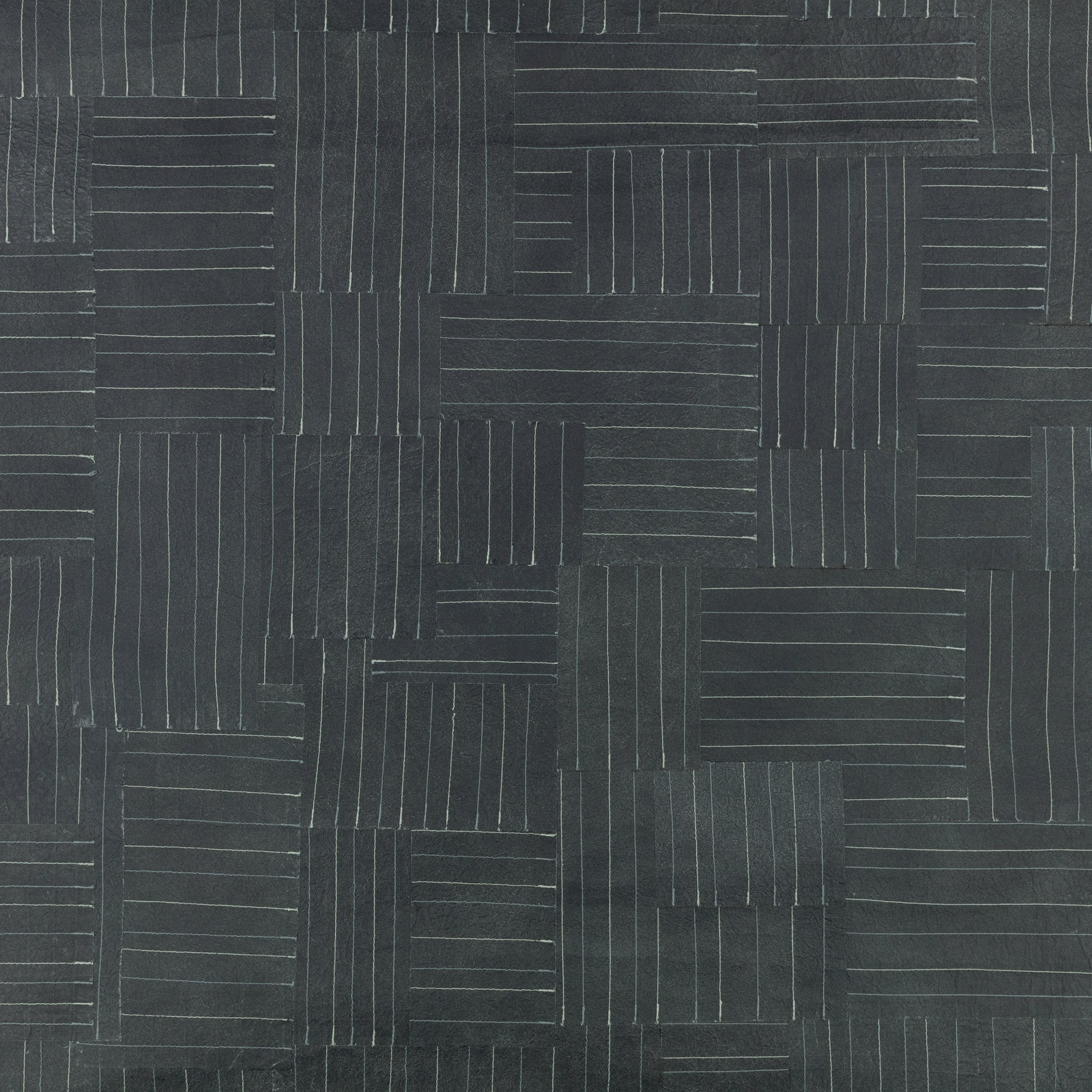 Deep indigo wallpaper with charcoal patchwork rectangles and fine directional pinstripes