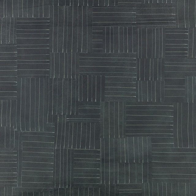 Deep indigo wallpaper with charcoal patchwork rectangles and fine directional pinstripes