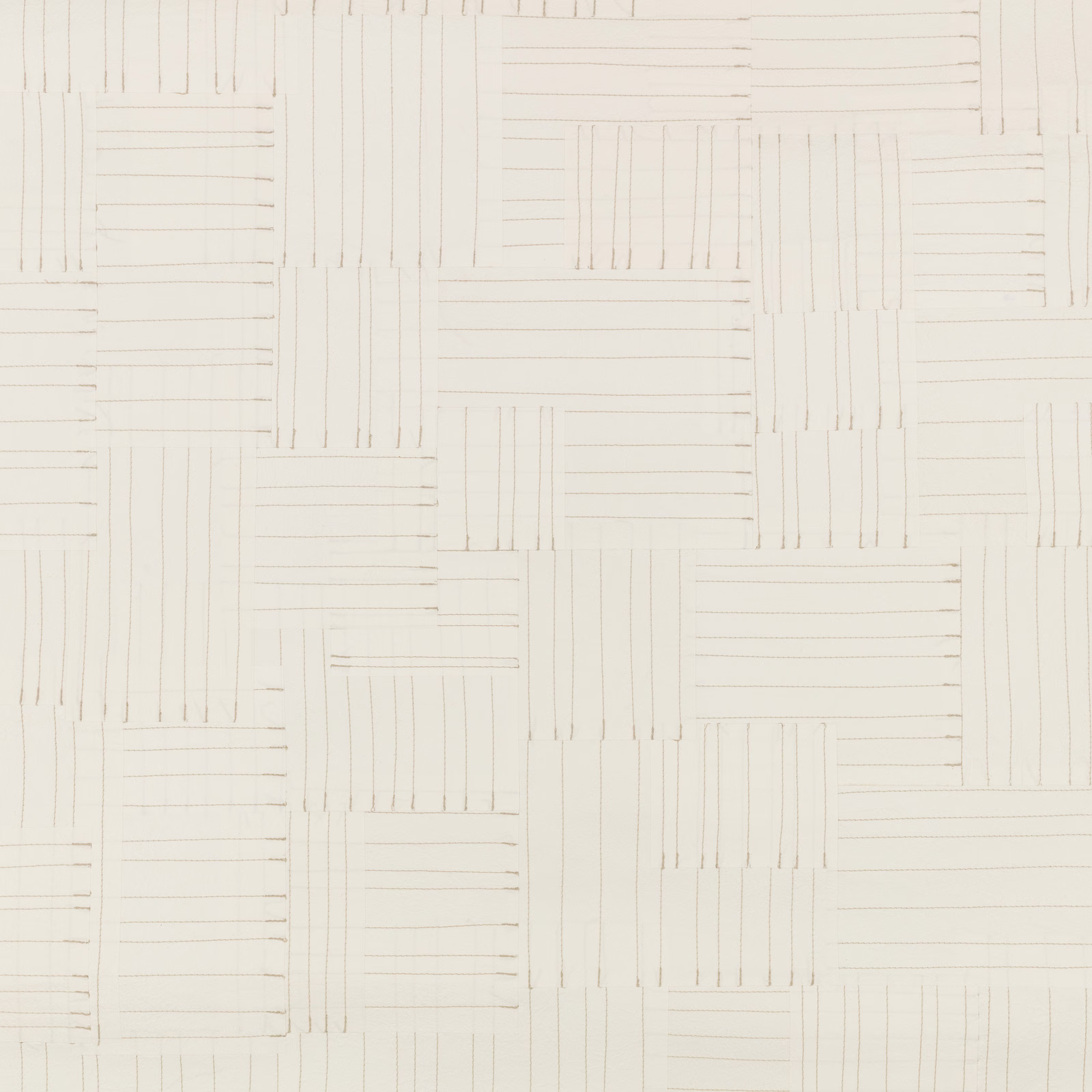 Warm ivory wallpaper with delicate grey lines forming offset rectangular geometric blocks