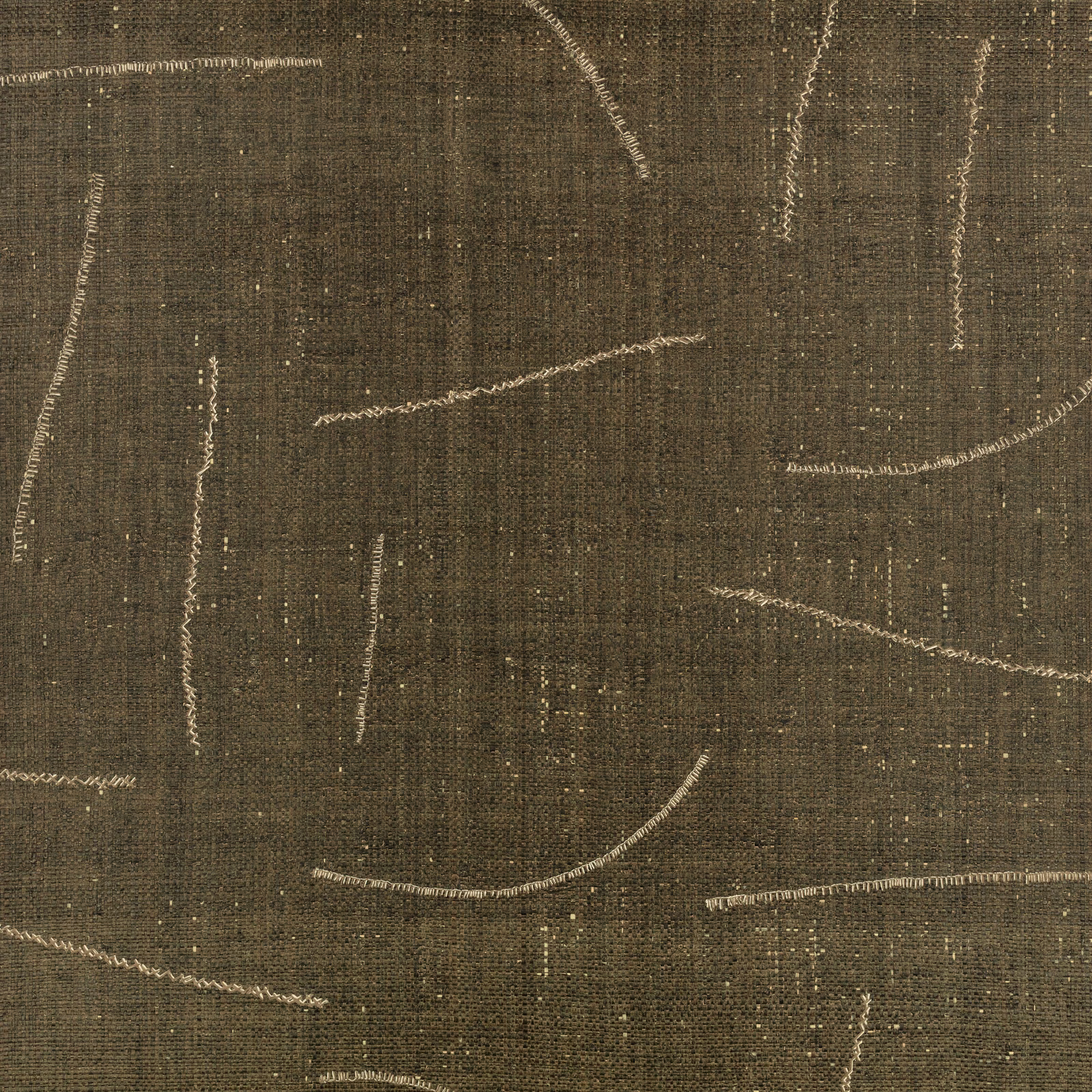 Olive-brown wallcovering with fine ivory gestural lines and woven-looking texture
