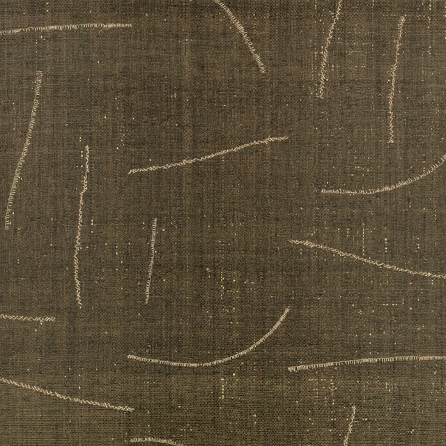 Olive-brown wallcovering with fine ivory gestural lines and woven-looking texture