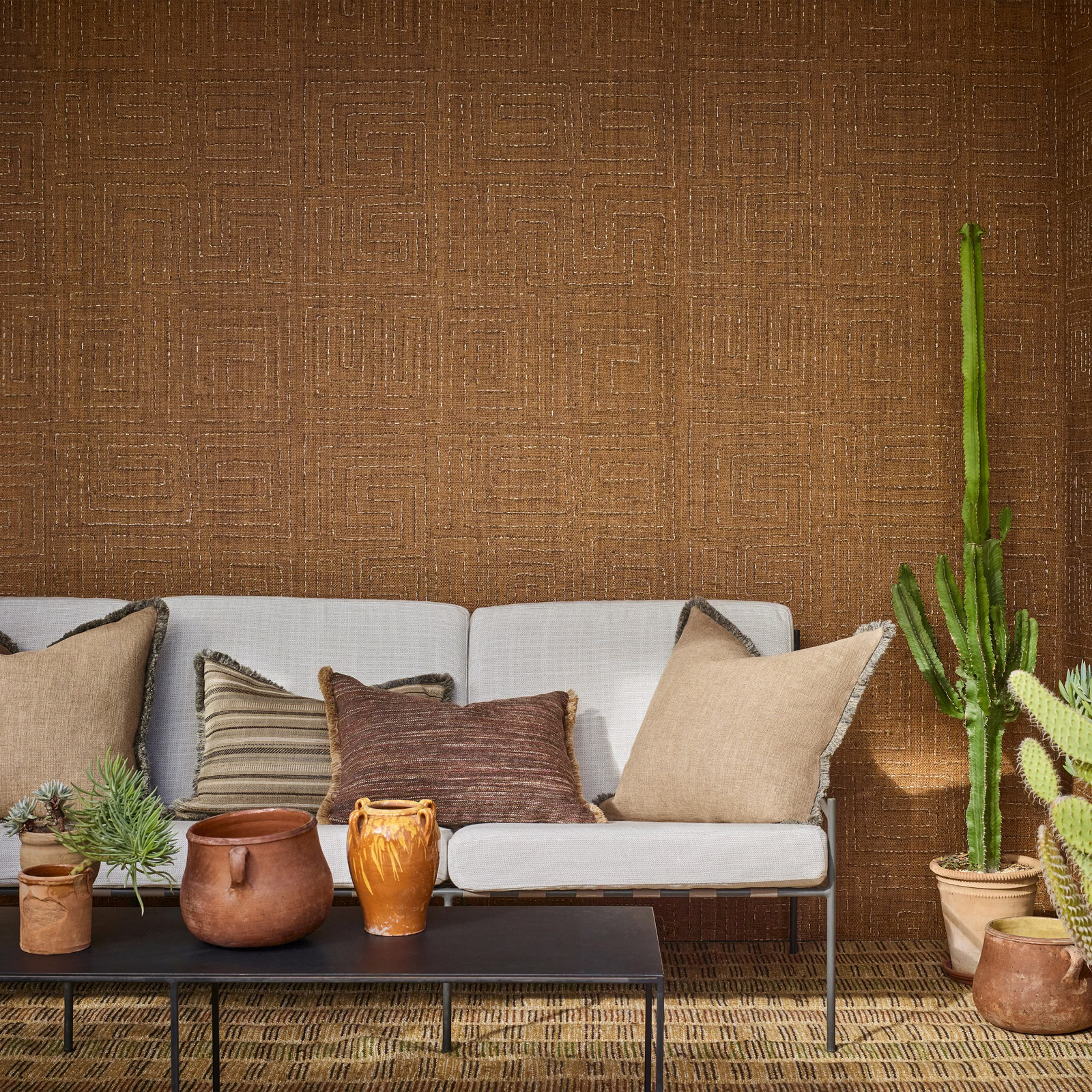 Warm brown Kuba wallcovering with fine woven-looking texture and tonal maze lines