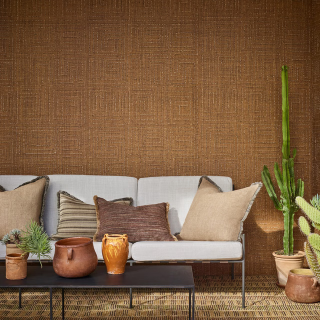 Warm brown Kuba wallcovering with fine woven-looking texture and tonal maze lines