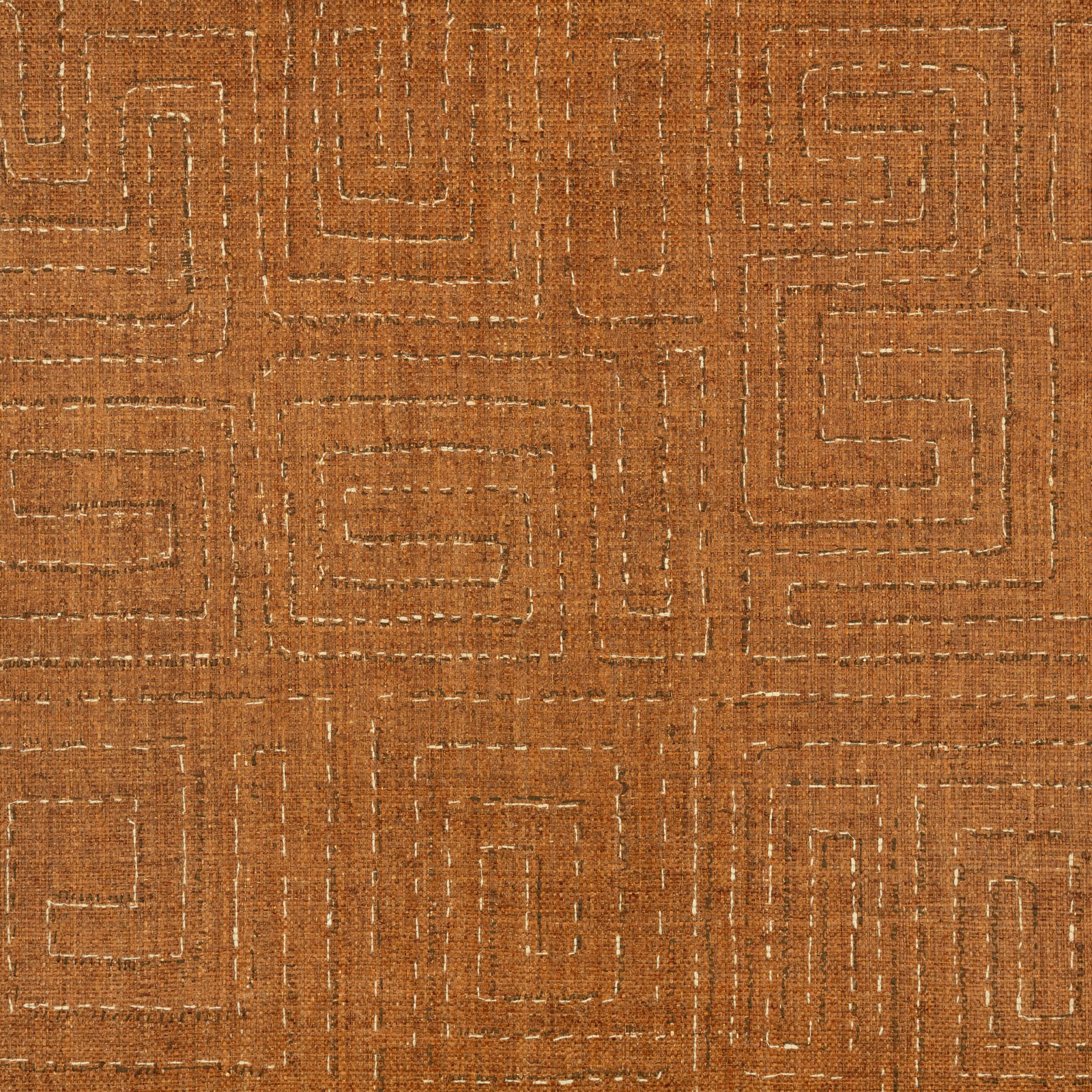 Paprika terracotta wallpaper with pale stepped labyrinth lines and textured woven-looking ground