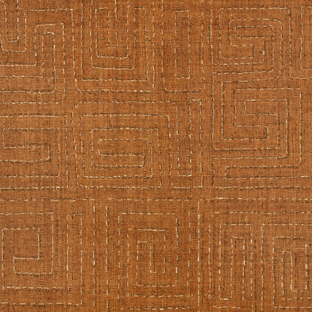 Paprika terracotta wallpaper with pale stepped labyrinth lines and textured woven-looking ground