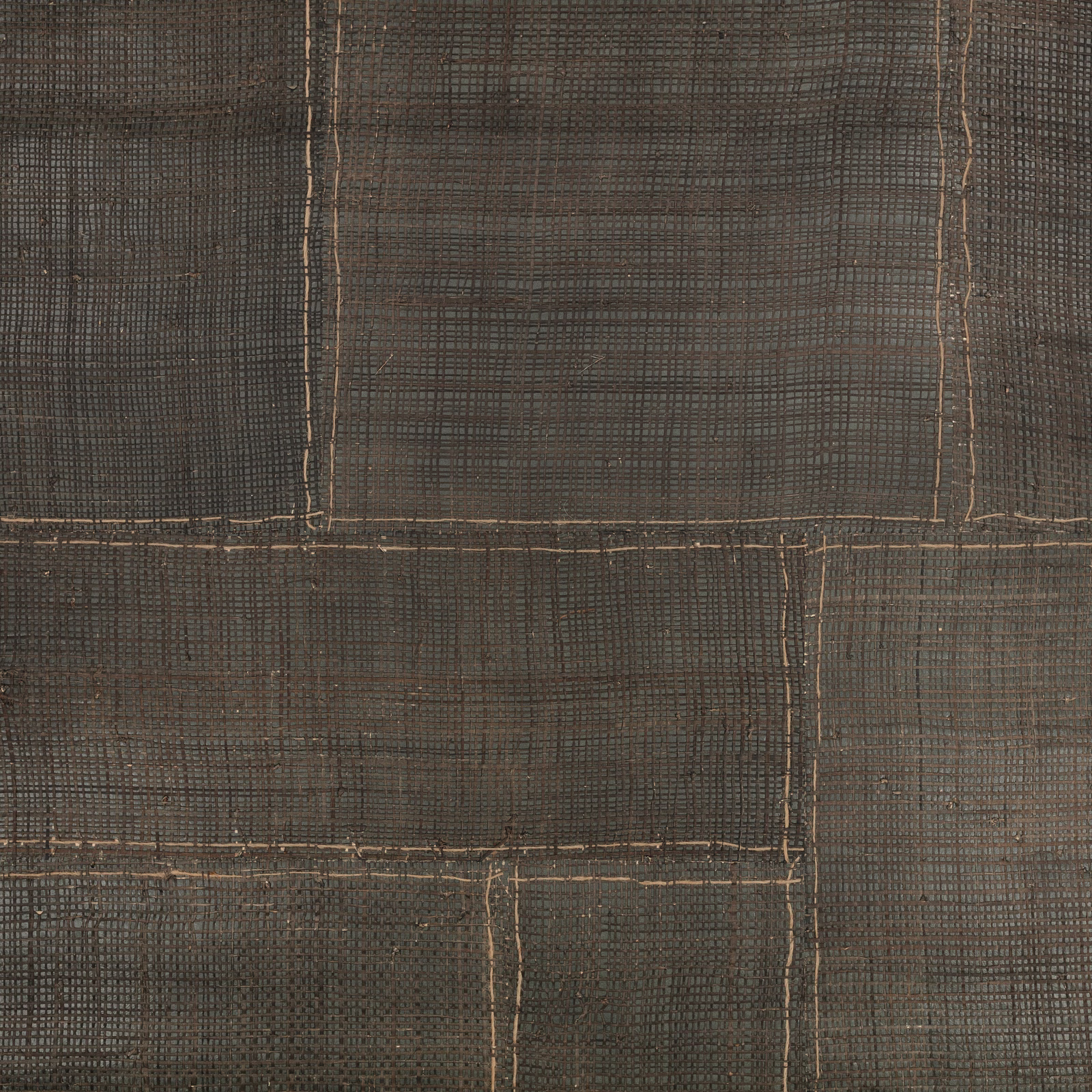 Charcoal grey wallpaper with irregular bronze grid lines and densely striated texture