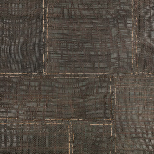 Charcoal grey wallpaper with irregular bronze grid lines and densely striated texture