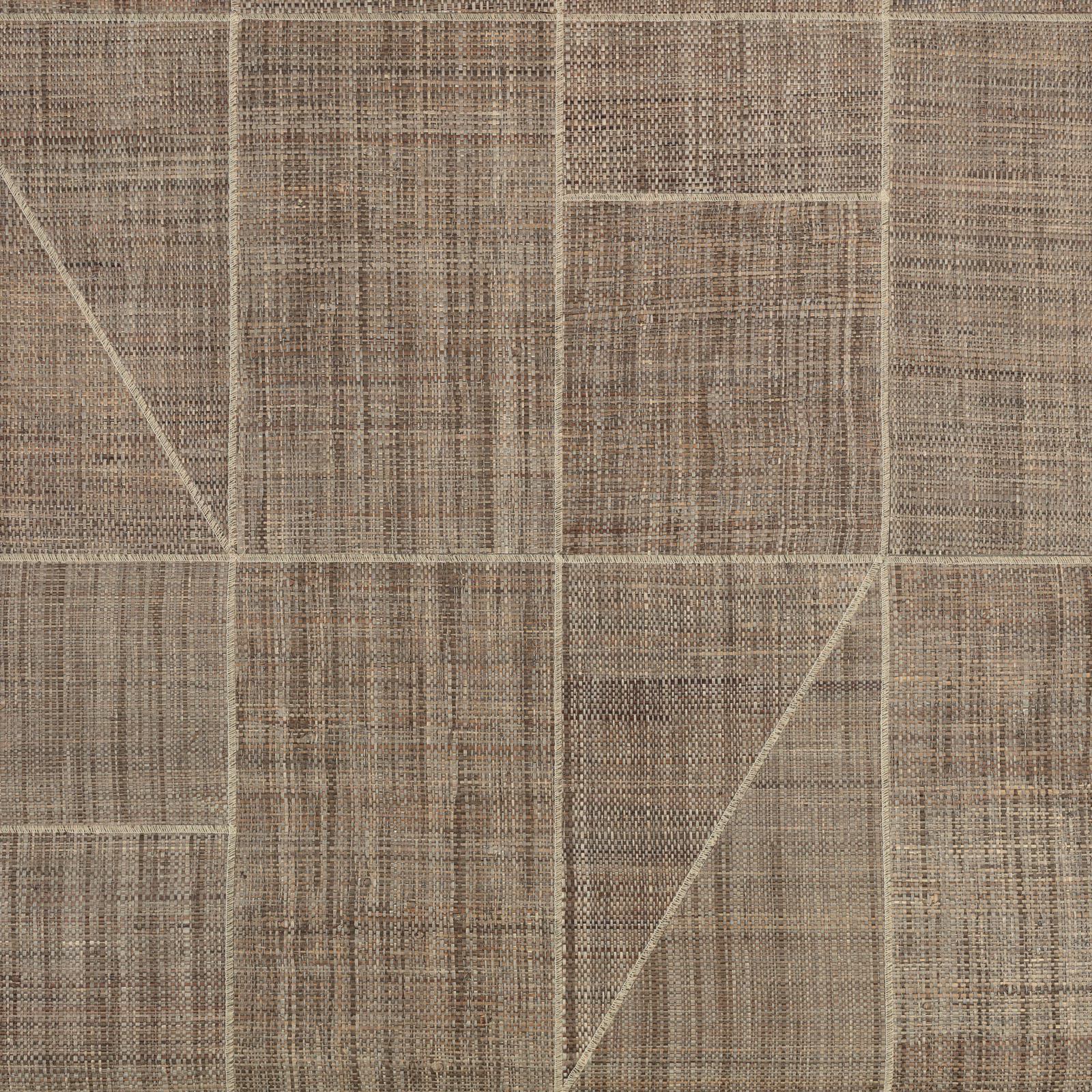 Warm chestnut-taupe wallpaper with crosshatched panels, pale grid lines and diagonal breaks