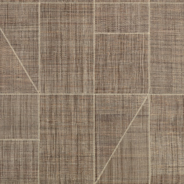 Warm chestnut-taupe wallpaper with crosshatched panels, pale grid lines and diagonal breaks