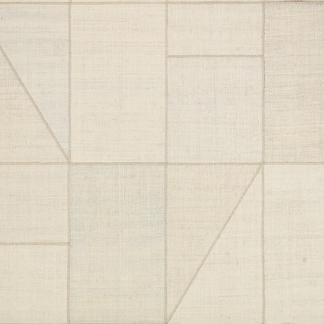 Warm ivory wallpaper with pale taupe grid lines, angled panels and fine woven texture