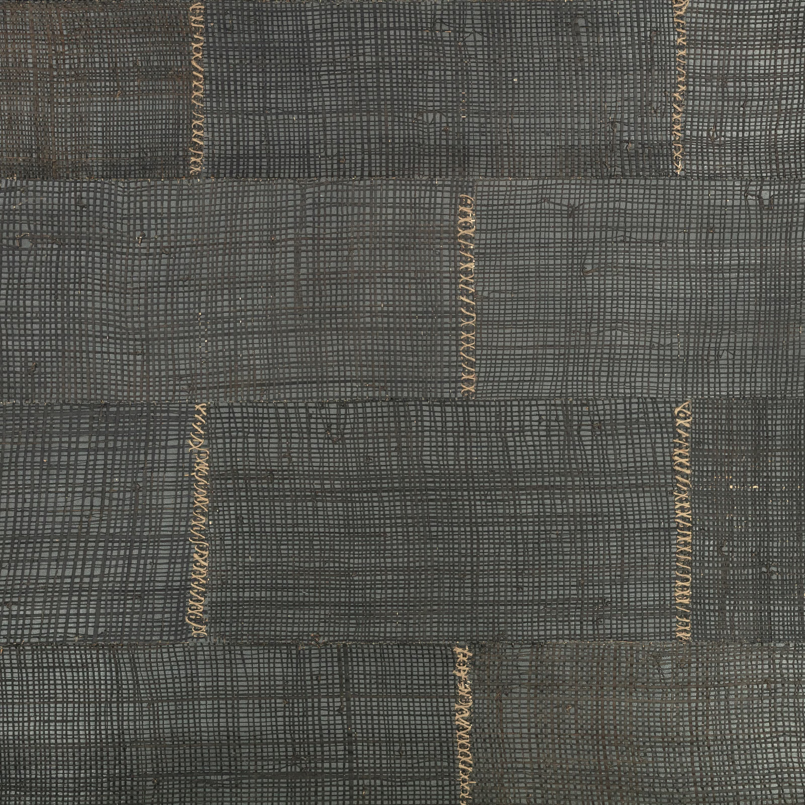 Charcoal-grey woven grid wallpaper with slim metallic-gold stitched bands