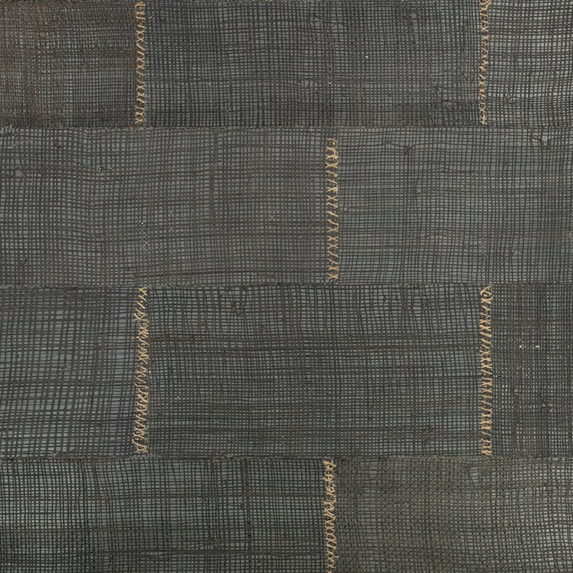 Charcoal-grey woven grid wallpaper with slim metallic-gold stitched bands