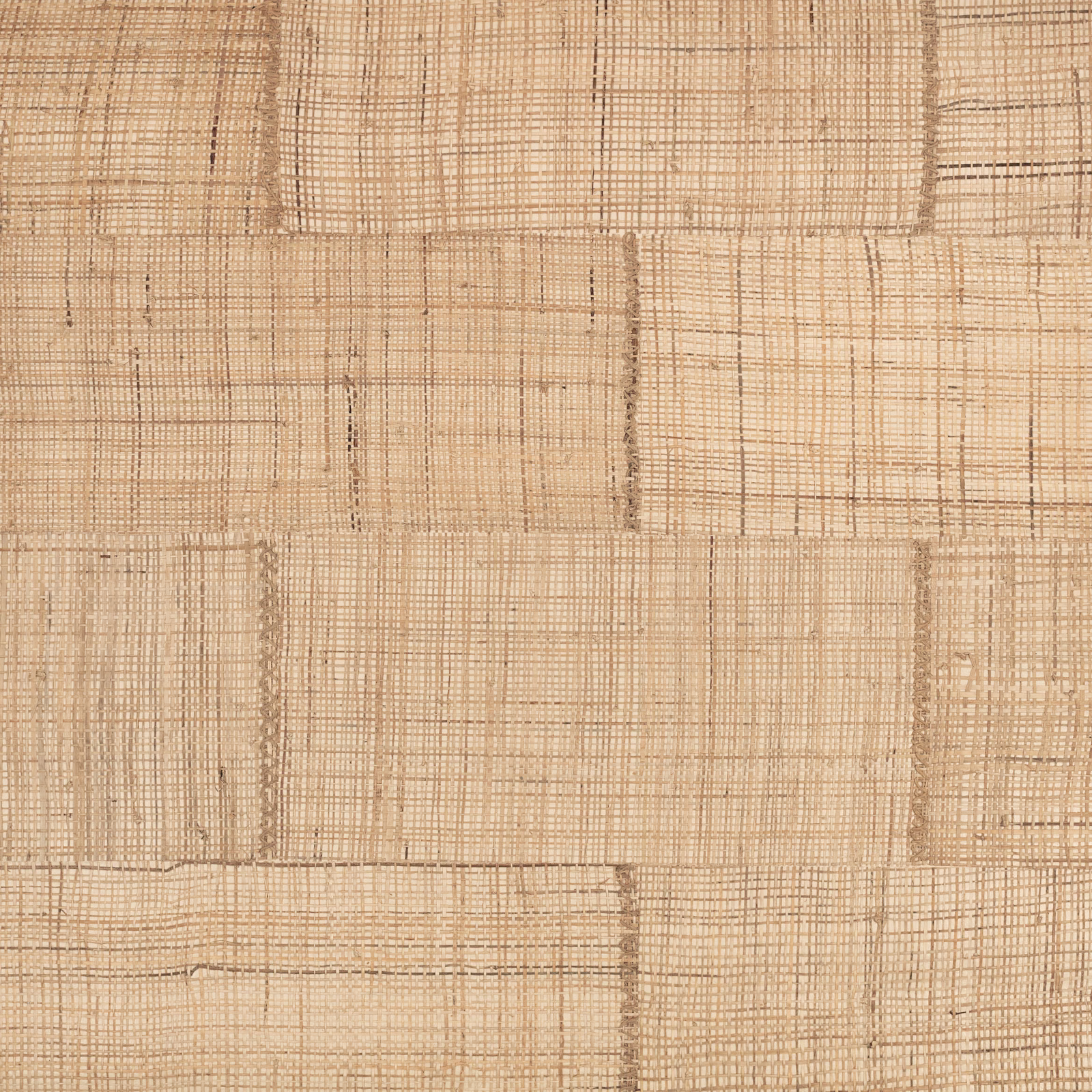 Warm natural beige wallcovering with irregular crosshatch weave and stitched rectangular panels