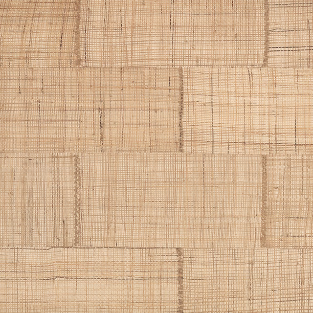 Warm natural beige wallcovering with irregular crosshatch weave and stitched rectangular panels