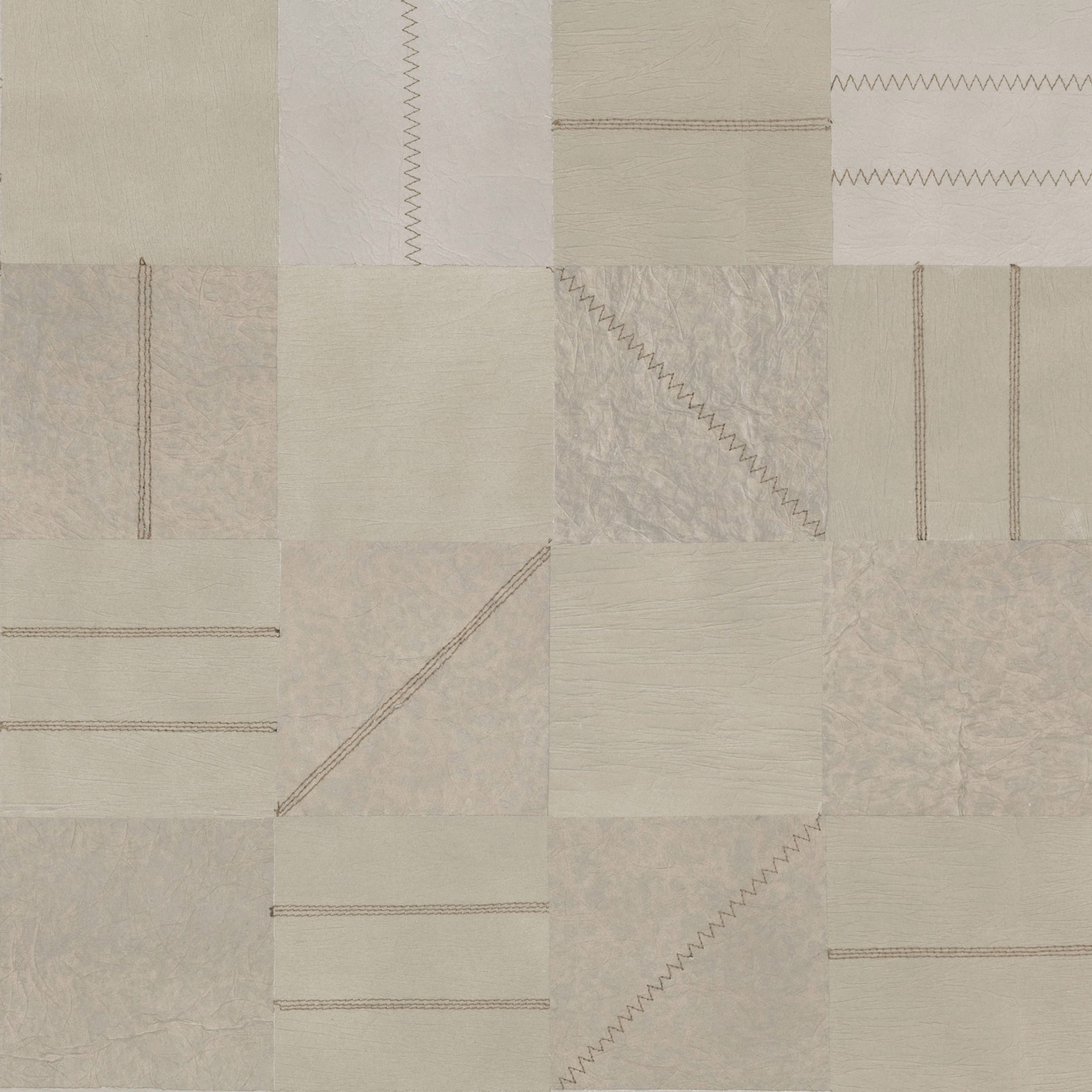 Warm nutmeg taupe wallpaper with patchwork panels, stitched lines and crinkled textures