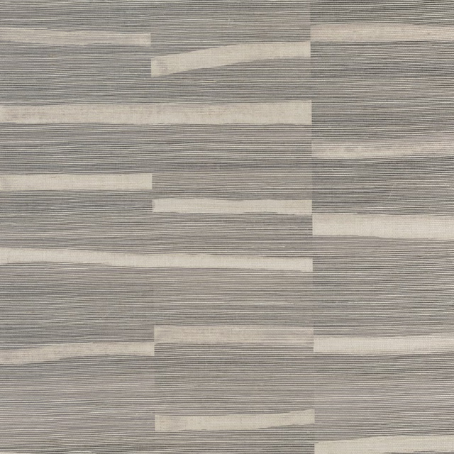 Warm taupe-grey wallpaper with fine horizontal striations and stepped ivory bands