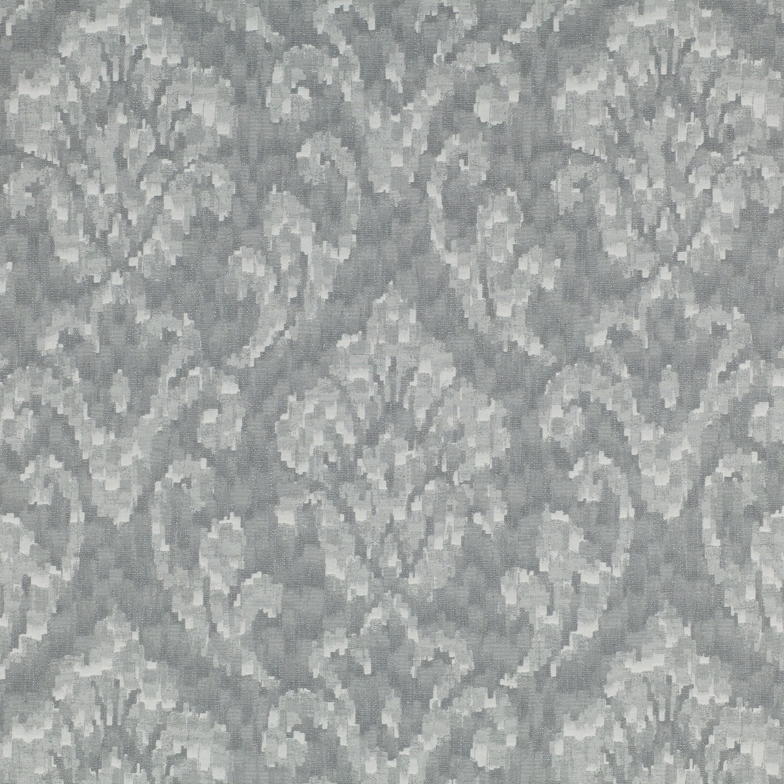 Cool ash-grey woven textile with softly pixelated botanical forms and mottled depth