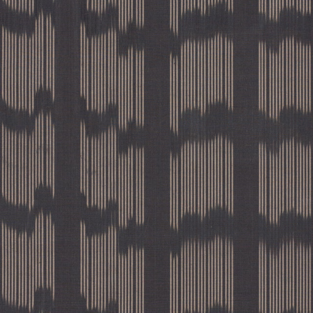 Charcoal and taupe woven swatch with fine vertical lines and dark irregular bands