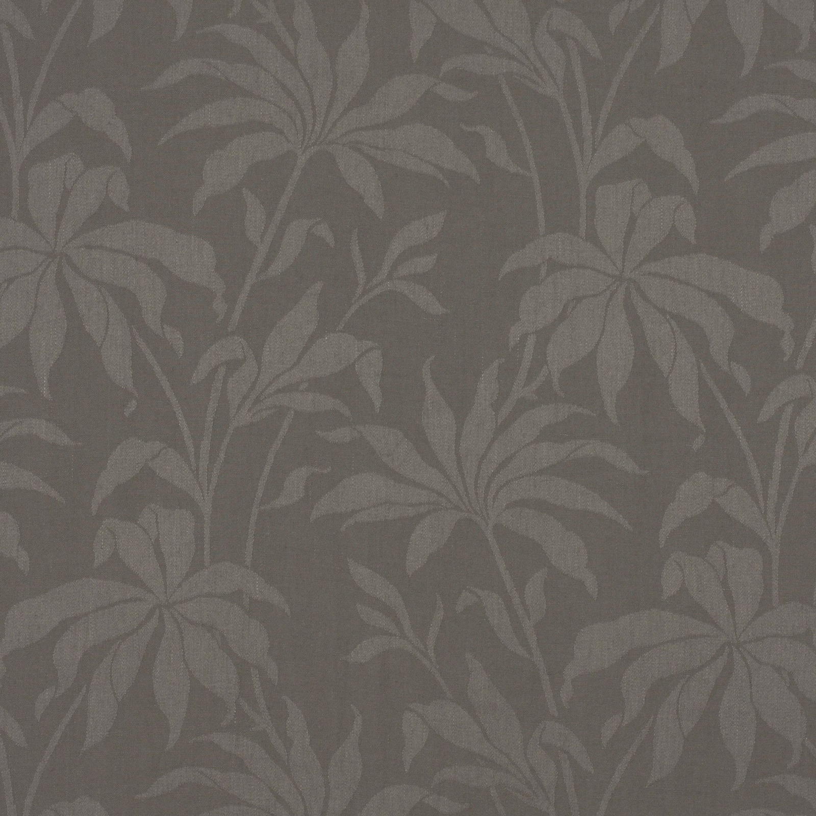 Muted umber-brown fabric with large, low-contrast leafy botanical motifs