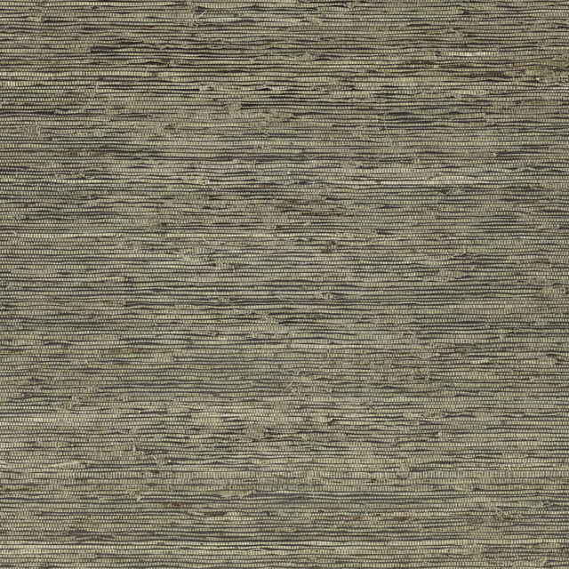 Muted olive-grey metallic wallpaper with fine irregular horizontal grasscloth-style ridges