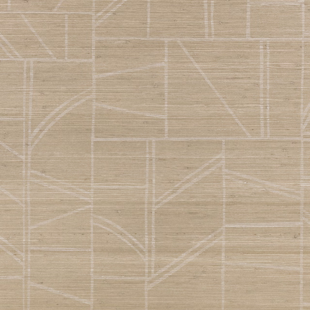 Warm parchment-beige wallpaper with fine horizontal grain and pale geometric linework