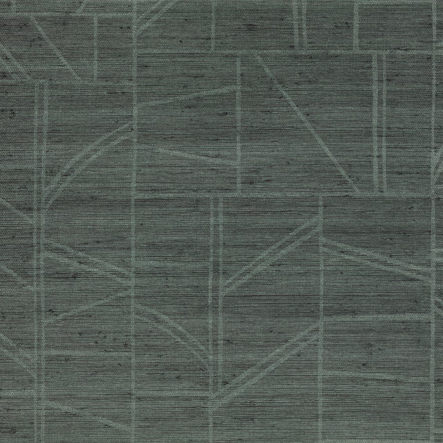 Cool blue-green grey wallpaper with fine grasscloth texture and pale geometric lines