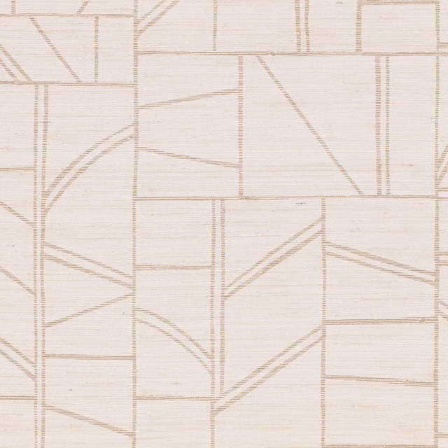Warm ivory wallpaper with taupe geometric blocks and fine horizontal striations