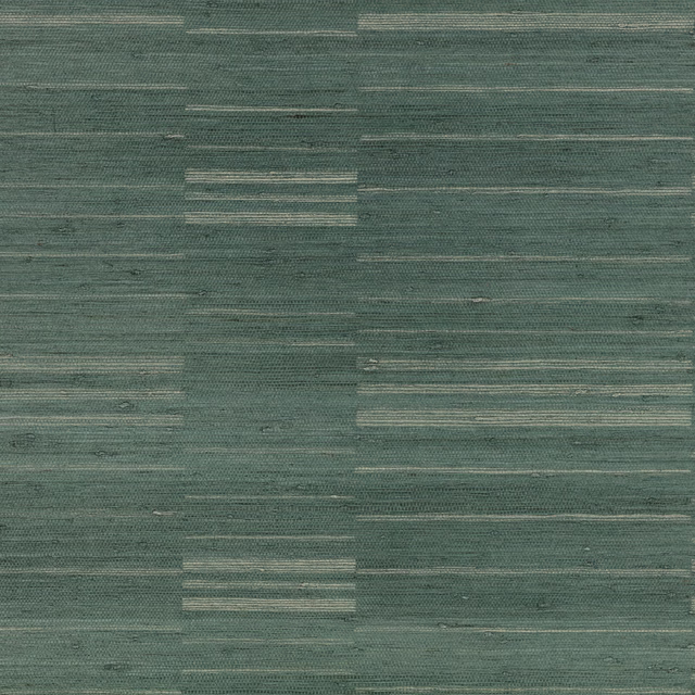 Muted blue-green wallpaper with irregular horizontal striations and grasscloth-like texture