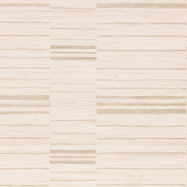 Warm white wallpaper with fine taupe striations and broken horizontal bands