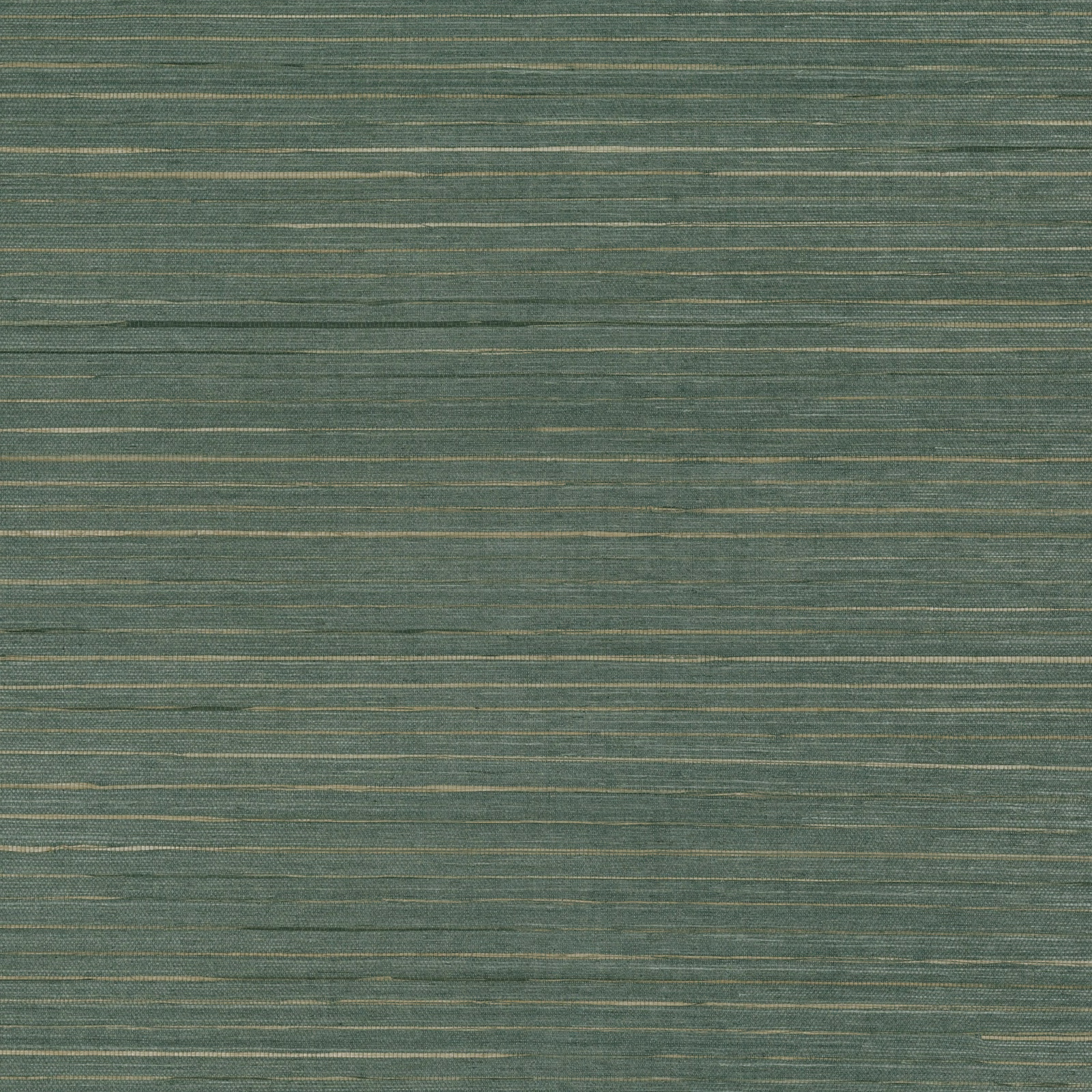 Muted blue-green grasscloth with fine horizontal fibres and pale metallic threads