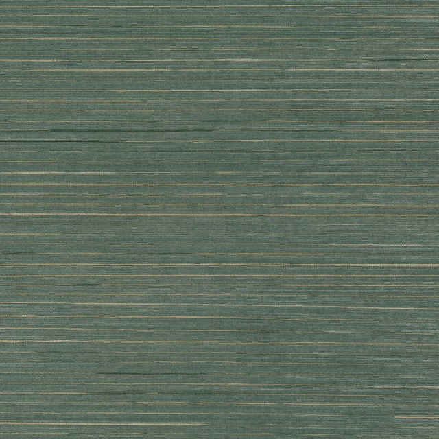 Muted blue-green grasscloth with fine horizontal fibres and pale metallic threads