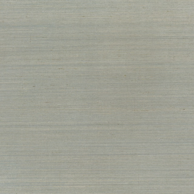 Pale sage-grey grasscloth wallpaper with fine horizontal lines and subtle tonal flecks