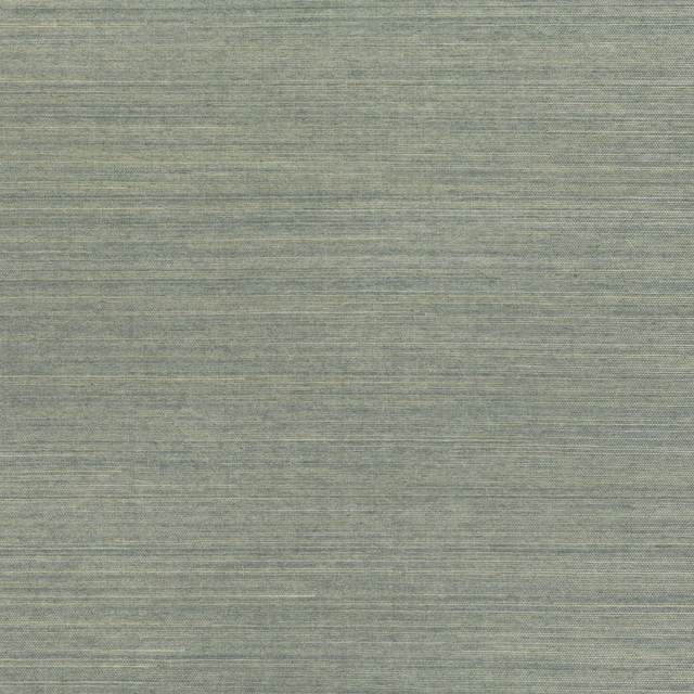 Muted grey-green grasscloth wallpaper with fine horizontal striations and layered texture