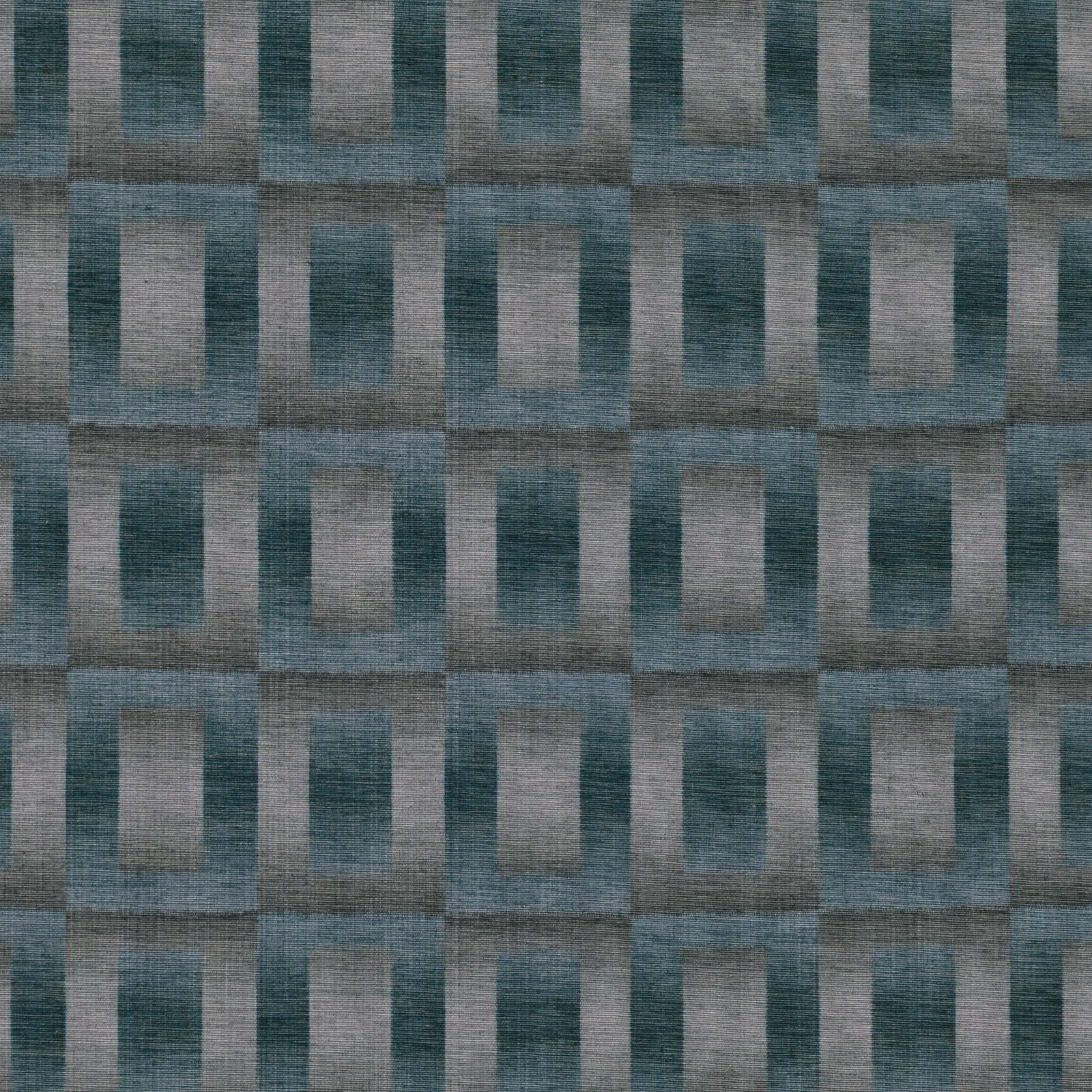 Peacock teal and grey geometric fabric with textured rectangular checks