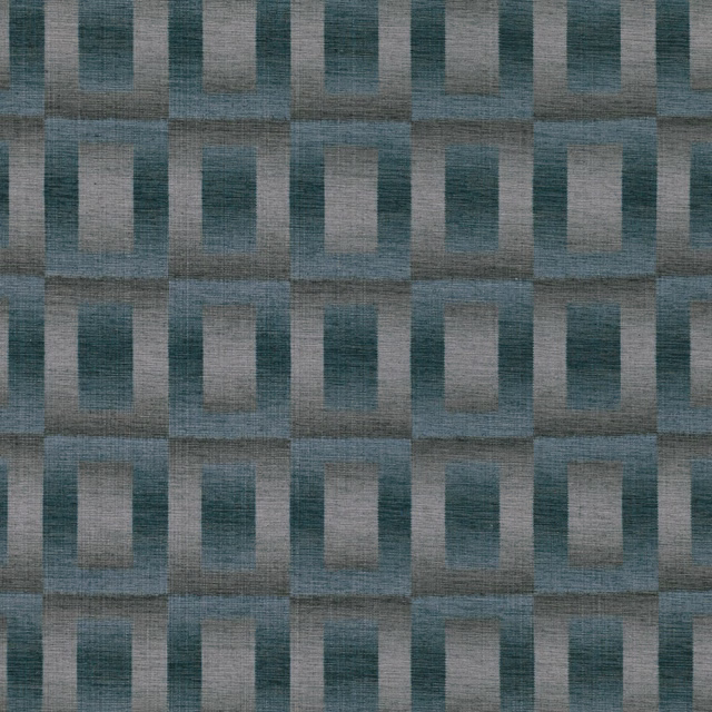 Peacock teal and grey geometric fabric with textured rectangular checks