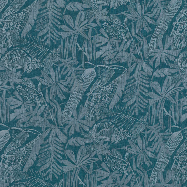 Dense blue-grey foliage pattern on a deep peacock teal, subtly textured fabric