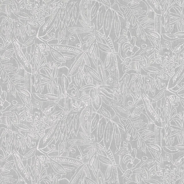 Dove-grey textile with dense white botanical linework and a lightly textured surface