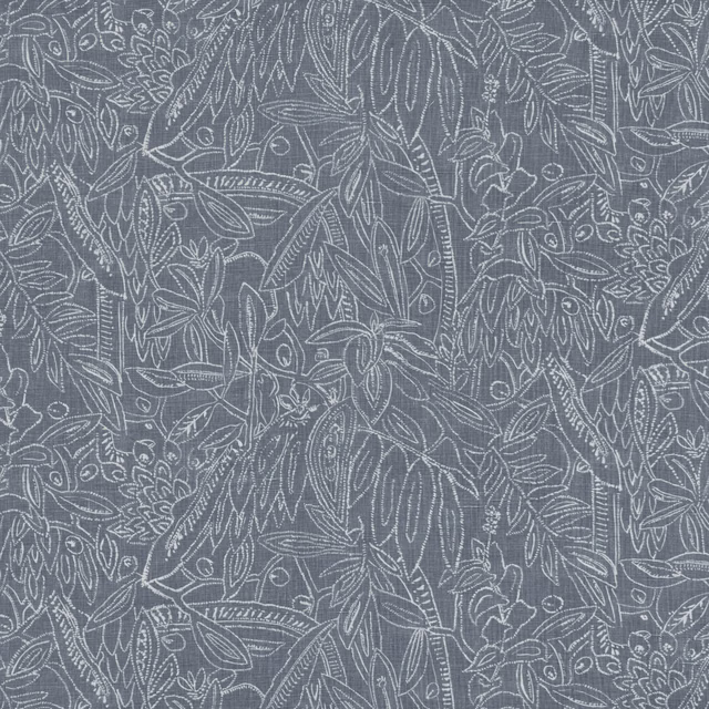 Cool indigo-blue fabric with dense pale botanical leaves, tendrils and flowers
