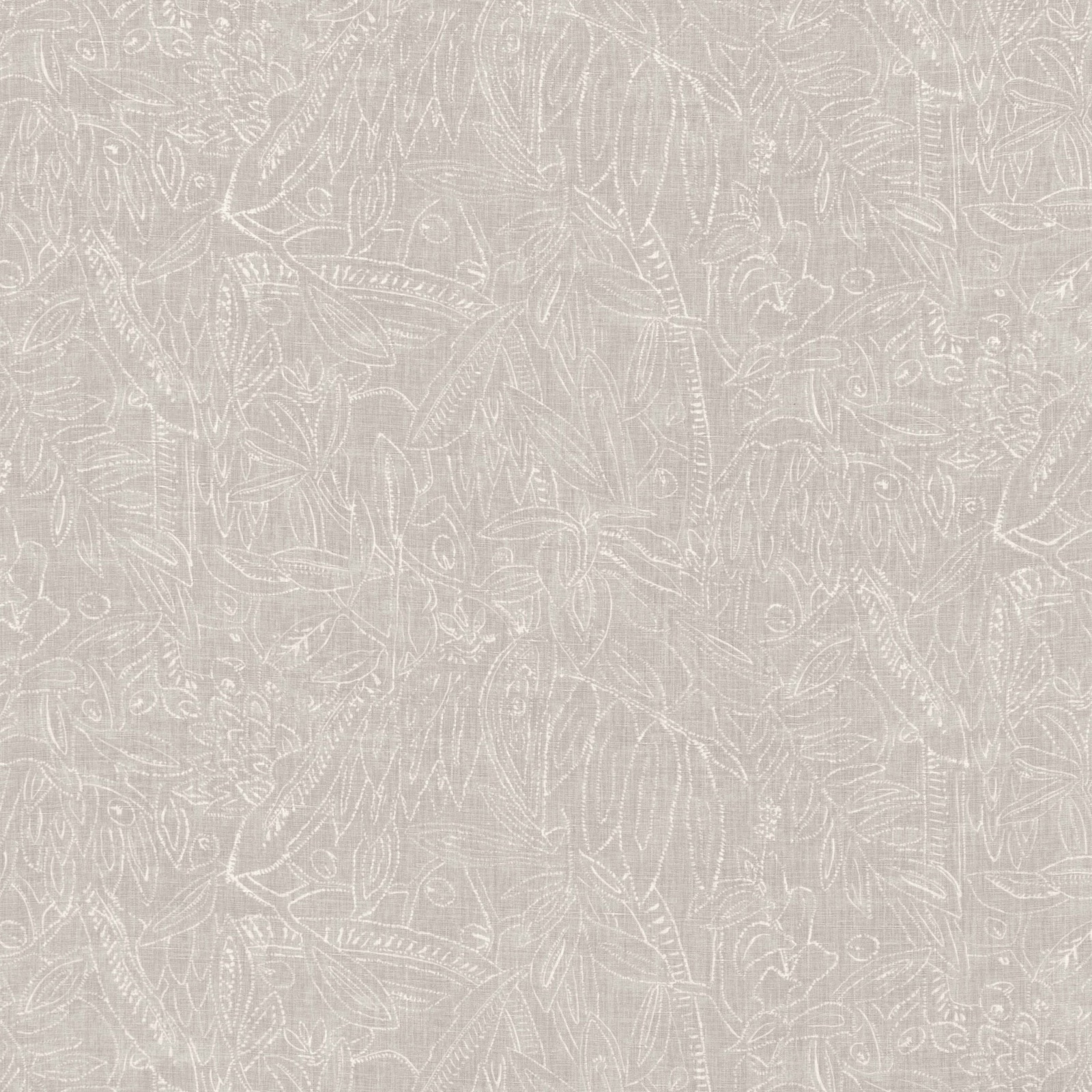 Pale greige fabric with fine white botanical, paisley and curling leaf linework
