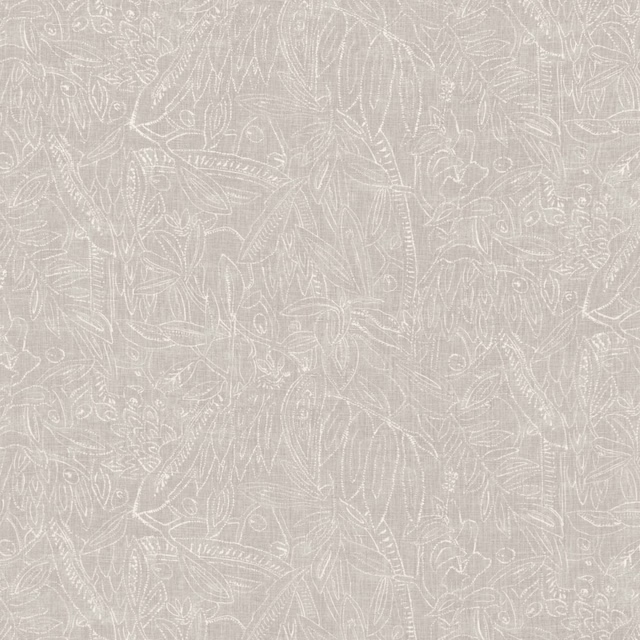 Pale greige fabric with fine white botanical, paisley and curling leaf linework