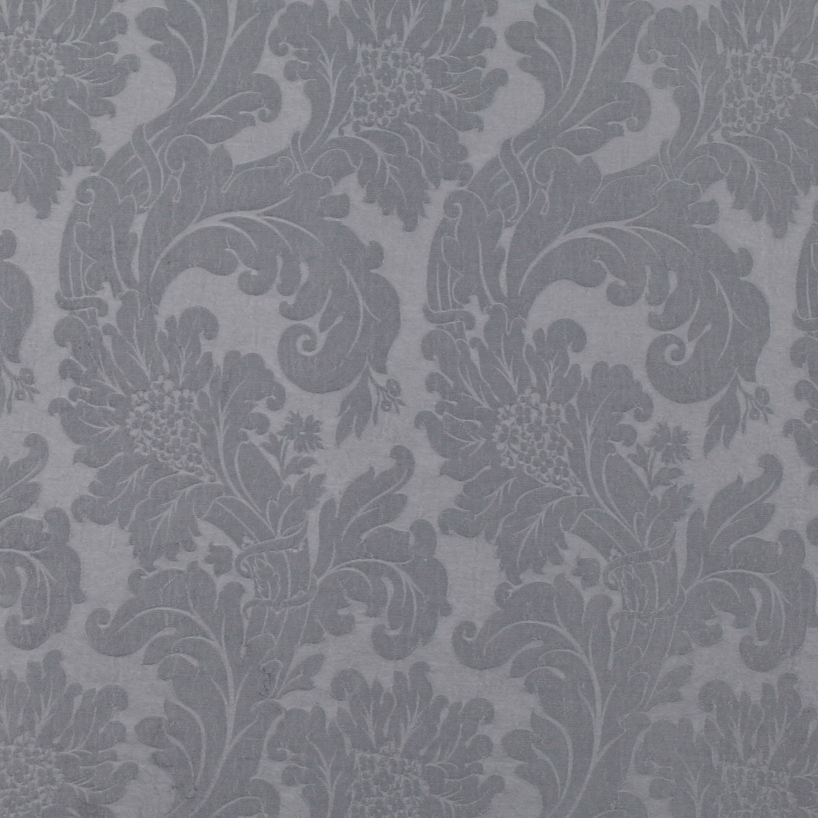Cool smoky-grey damask with scrolling leaves and softly textured tonal weave