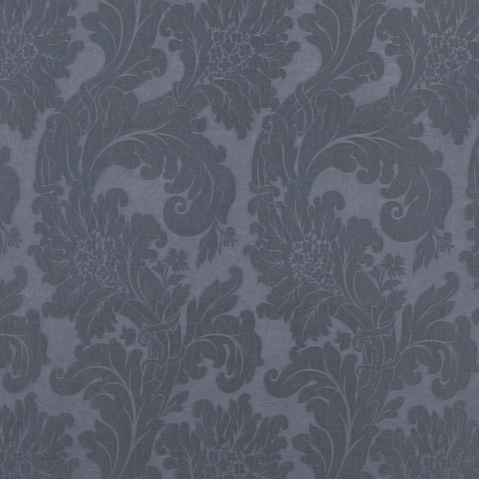 Cool blue-grey damask fabric with charcoal acanthus leaves and floral scrolling